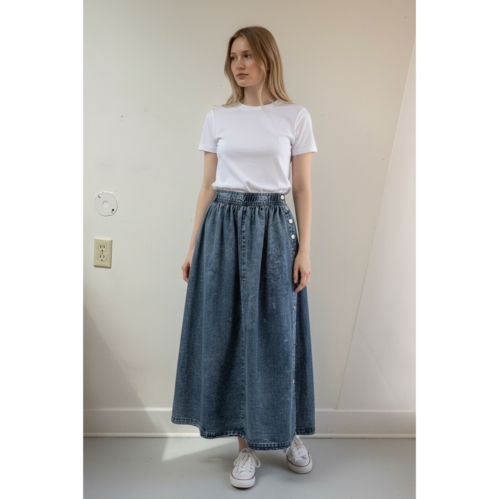Vtg Calvin Klein Sport Denim Maxi Skirt Blue Acid Wash Side Button 90s USA 10